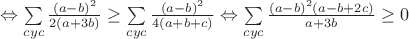 $\Leftrightarrow\sum\limits_{cyc}\frac{(a-b)^2}{2(a+3b)}\geq\sum\limits_{cyc}\frac{(a-b)^2}{4(a+b+c)}\Leftrightarrow\sum\limits_{cyc}\frac{(a-b)^2(a-b+2c)}{a+3b}\geq0$ $\Leftrightarrow\sum\limits_{cyc}\frac{(a-b)^2}{2(a+3b)}\geq\sum\limits_{cyc}\frac{(a-b)^2}{4(a+b+c)}\Leftrightarrow\sum\limits_{cyc}\frac{(a-b)^2(a-b+2c)}{a+3b}\geq0$