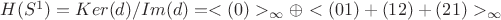 $H(S^1)=Ker(d)/Im(d)=<(0)>_{\infty}\oplus<(01)+(12)+(21)>_{\infty}$ $H(S^1)=Ker(d)/Im(d)=<(0)>_{\infty}\oplus<(01)+(12)+(21)>_{\infty}$