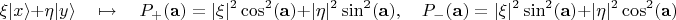 $$\xi|x\rangle+\eta|y\rangle\quad\mapsto\quad P_+(\mathbf{a})=|\xi|^2\cos^2(\mathbf{a})+|\eta|^2\sin^2(\mathbf{a}),\quad P_-(\mathbf{a})=|\xi|^2\sin^2(\mathbf{a})+|\eta|^2\cos^2(\mathbf{a})$$