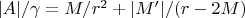 $|A|/\gamma=M/r^2+|M'|/(r-2M) $