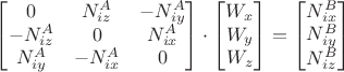 $\begin{bmatrix}
 0& N_{iz}^A  &-N_{iy}^A \\
 -N_{iz}^A&  0&N_{ix}^A \\
 N_{iy}^A&  -N_{ix}^A& 0
\end{bmatrix}\cdot\begin{bmatrix}
  W_x\\
  W_y\\
  W_z
\end{bmatrix}=\begin{bmatrix}
 N_{ix}^B\\
 N_{iy}^B\\
 N_{iz}^B 
\end{bmatrix}$