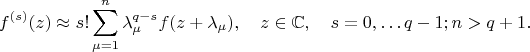 $$
f^{(s)}(z) \approx s! \sum_{\mu=1}^{n} \lambda_{\mu}^{q-s} f(z+\lambda_\mu),\quad z \in
{\mathbb C}, \quad s=0,\ldots q-1; n > q+1.
$$