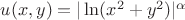 $u(x,y) = |\ln(x^2 + y^2)|^\alpha$ $u(x,y) = |\ln(x^2 + y^2)|^\alpha$