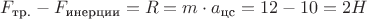 $F_{\text{тр.}} - F_{\text{инерции}} = R = m \cdot a_{\text{цс}} = 12 - 10 = 2 H$