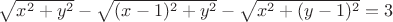 $\sqrt{x^2+y^2}-\sqrt{(x-1)^2+y^2}-\sqrt{x^2+(y-1)^2}=3$