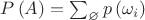 $P\left ( A \right ) = \sum _ {\varnothing } p \left( \omega_{i} \right)$ $P\left ( A \right ) = \sum _ {\varnothing } p \left( \omega_{i} \right)$