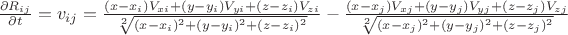 $\frac{\partial R_{ij}}{\partial t} = v_{ij} =  \frac{(x-x_i)V_{xi} + (y-y_i)V_{yi} + (z-z_i)V_{zi}}{\sqrt[2]{(x-x_i)^2 + (y-y_i)^2 + (z-z_i)^2}} - \frac{(x-x_j)V_{xj} + (y-y_j)V_{yj} + (z-z_j)V_{zj}}{\sqrt[2]{(x-x_j)^2 + (y-y_j)^2 + (z-z_j)^2}}$