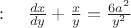$:\quad \frac{dx}{dy}+\frac{x}{y}=\frac{6a^2}{y^2}  $