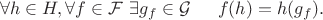 $$\forall h\in H, \forall f\in\mathcal{F}\ \exists g_f\in\mathcal{G}\indent f(h)=h(g_f).$$