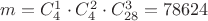 $m=C_{4}^{1} \cdot C_{4}^{2} \cdot C_{28}^{3}=78624$ $m=C_{4}^{1} \cdot C_{4}^{2} \cdot C_{28}^{3}=78624$