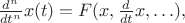 $\tfrac{d^n}{dt^n}x(t)=F(x,\tfrac{d}{dt}x,\ldots),$