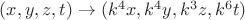 $(x,y,z,t) \to (k^4 x,k^4y, k^3z, k^6t)$