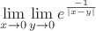 $\lim\limits_{x \to 0}\lim\limits_{y\to 0}e^{\frac{-1}{|{x-y}|}}$