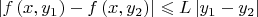 \[
\left| {f\left( {x,y_1 } \right) - f\left( {x,y_2 } \right)} \right| \leqslant L\left| {y_1  - y_2 } \right|
\]