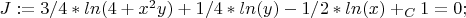 $J := 3/4*ln(4+x^2y)+1/4*ln(y)-1/2*ln(x)+_C1 = 0;$
