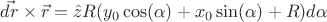 $\vec{dr}\times\vec{r} = \hat{z} R (y_0 \cos(\alpha) + x_0 \sin(\alpha) + R) d\alpha$