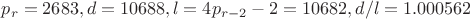 $p_r=2683, d=10688, l=4p_{r-2}-2=10682, d/l=1.000562$