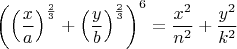 $\left(\left(\dfrac{x}{a}\right)^{\frac{2}{3}}+\left(\dfrac{y}{b}\right)^{\frac{2}{3}\right)\right)^6=\dfrac{x^2}{n^2}+\dfrac{y^2}{k^2}$