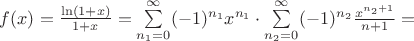 $f(x)=\frac{\ln(1+x)}{1+x}=\sum\limits_{n_1=0}^{\infty}(-1)^{n_1}x^{n_1} \cdot \sum\limits_{n_2=0}^{\infty}(-1)^{n_2}\frac{x^{n_2+1}}{n+1}=$