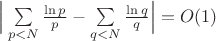 $\Big|\sum\limits_{p<N}\frac{\ln p}{p}-\sum\limits_{q<N}\frac{\ln q}{q}\Big|=O(1)$