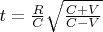 $t=\frac{R}{C}\sqrt\frac{C+V}{C-V}$