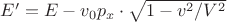 $E^\prime=E-v_0p_x\cdot\sqrt{1-v^2/V^2}$