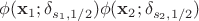 $\phi (\mathbf{x}_1; \delta_{s_1 ,1/2}) \phi (\mathbf{x}_2; \delta_{s_2 ,1/2})$