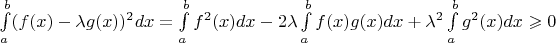 $\int\limits_a^b(f(x) - \lambda g(x))^2dx = \int\limits_a^bf^2(x)dx - 2\lambda\int\limits_a^bf(x)g(x)dx +  \lambda^2\int\limits_a^bg^2(x)dx \geqslant 0$