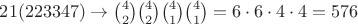 $21(223347) \to \binom{4}{2}\binom{4}{2}\binom{4}{1}\binom{4}{1}=6\cdot6\cdot4\cdot4=576$