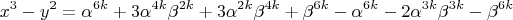 $$x^3-y^2=\alpha^{6k}+3\alpha^{4k}\beta^{2k}+3\alpha^{2k}\beta^{4k}+\beta^{6k}-\alpha^{6k}-2\alpha^{3k}\beta^{3k}-\beta^{6k}$$