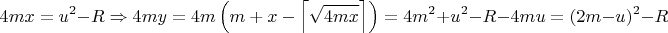 $$4mx=u^2-R\Rightarrow 4my=4m\left(m+x-\left\lceil\sqrt{4mx}\right\rceil\right)=4m^2+u^2-R-4mu=(2m-u)^2-R$$