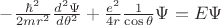 $-\frac{{\hbar}^{2}}{2m{r}^{2}}\frac{{d}^{2}\Psi }{d{\theta }^{2}}+ \frac{{e}^{2}}{4r}\frac{1}{\cos \theta }\Psi = E\Psi $