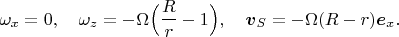 $$\omega_x=0,\quad \omega_z=-\Omega\Big(\frac{R}{r}-1\Big),\quad \boldsymbol v_S=-\Omega(R-r)\boldsymbol e_x.$$