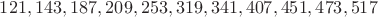 $121,143,187,209,253,319,341,407,451,473,517$