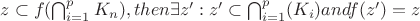 $ z \subset  f(\bigcap_{i = 1}^ {p}K_n),  then \exists z': z' \subset \bigcap_{i=1}^{p}(K_{i}) and f(z')=z$