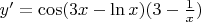 $y'=\cos (3x-\ln x)(3-\frac{1}{x})$