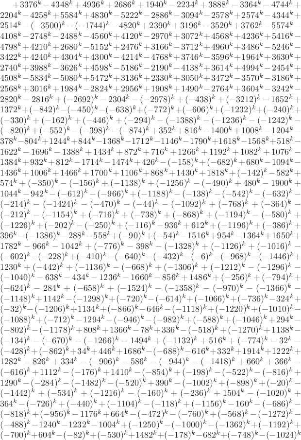$+3376^k-4348^k+4936^k+2686^k+1940^k-2234^k+3888^k-3364^k-4744^k+2204^k-4258^k+5584^k+4830^k-5222^k-2886^k-3094^k-2578^k+2574^k-4344^k+2514^k-(-3500)^k-(-1744)^k-4820^k+2390^k+3196^k-3520^k+3762^k-5574^k-4108^k-2748^k-2488^k-4560^k+4120^k-2970^k+3072^k+4568^k+4236^k+5416^k-4798^k+4210^k+2680^k-5152^k+2476^k+3166^k-3712^k+4960^k+3486^k-5246^k-3422^k+4240^k+4304^k+4300^k-4214^k-4768^k+3746^k-3596^k+1964^k+3630^k+2740^k+3988^k-3626^k+4598^k-5186^k-2190^k-4138^k
+3614^k+4994^k-2454^k+4508^k-5834^k-5080^k+5472^k+3136^k+2330^k+3050^k+3472^k-3570^k-3186^k+2568^k+3016^k+1984^k-2824^k+2956^k+1908^k+1490^k-2764^k+3604^k-3242^k-2820^k-2816^k+(-2692)^k-2304^k-(-2978)^k+(-438)^k+(-3212)^k-1652^k+1372^k+(-842)^k-(-450)^k-(-638)^k+(-772)^k+(-606)^k+(-1232)^k+(-240)^k+(-330)^k+(-162)^k+(-446)^k+(-294)^k-(-1388)^k-(-1236)^k-(-1242)^k-(-820)^k+(-552)^k-(-398)^k-(-874)^k+352^k+816^k-1400^k+1008^k-1204^k-378^k-804^k+1244^k+844^k-1368^k-1712^k-1146^k-1790^k+1618^k-1568^k+518^k-1622^k-1696^k-1388^k+1434^k+872^k+716^k+1266^k+1192^k+1082^k+1076^k-1384^k+932^k+812^k-1714^k-1474^k+426^k-(-158)^k+(-682)^k+680^k-1094^k-1436^k+1006^k+1466^k+1700^k+1106^k+868^k+1430^k+1818^k+(-142)^k-582^k+574^k+(-350)^k-(-156)^k+(-1138)^k+(-1256)^k-(-490)^k+480^k-1900^k+1044^k-942^k-(-612)^k-(-966)^k+(-1188)^k-(-138)^k-(-542)^k-(-632)^k-(-214)^k-(-1424)^k-(-470)^k-(-44)^k-(-1092)^k+(-768)^k+(-364)^k-(-212)^k-(-1154)^k+(-716)^k+(-738)^k+(-868)^k+(-1194)^k-(-580)^k+(-1226)^k+(-202)^k-(-250)^k+(-116)^k-936^k+612^k+(-1196)^k+(-386)^k+396^k-(-1386)^k-288^k-558^k+(-90)^k+(-54)^k-1516^k+954^k-1364^k+1650^k+1782^k-966^k-1042^k+(-776)^k-398^k-(-1328)^k+(-1126)^k+(-1016)^k-(-602)^k-(-228)^k+(-410)^k-(-640)^k-(-432)^k-(-6)^k-(-968)^k-(-1446)^k+1230^k+(-442)^k+(-1136)^k-(-668)^k+(-1306)^k+(-1212)^k-(-1296)^k-(-1040)^k-638^k-434^k-1236^k-1660^k-856^k+1486^k+(-256)^k+(-794)^k+(-624)^k-284^k+(-658)^k+(-1524)^k-(-1358)^k-(-970)^k-(-1366)^k-(-1148)^k+1142^k-(-1298)^k+(-720)^k-(-614)^k+(-1066)^k+(-736)^k-324^k+(-32)^k-(-1206)^k+1134^k+(-866)^k-646^k-(-1118)^k+(-1220)^k+(-1010)^k-(-1088)^k+(-712)^k-1294^k-(-946)^k-(-982)^k+(-588)^k+(-1046)^k+294^k-(-802)^k-(-1178)^k+808^k+1366^k-78^k+336^k-(-518)^k+(-1270)^k+1138^k-(-134)^k-(-670)^k-(-1266)^k-1494^k+(-1132)^k+516^k+(-774)^k-32^k-(-428)^k+(-862)^k+34^k+446^k+1686^k-(-688)^k-616^k+332^k+1914^k+1222^k+1282^k-826^k+334^k-(-906)^k-586^k-(-944)^k-(-1418)^k+660^k+366^k-(-616)^k+1112^k-(-176)^k+1410^k-(-854)^k+(-198)^k-(-522)^k-(-816)^k+1290^k-(-284)^k-(-1482)^k-(-520)^k+390^k-(-1002)^k+(-898)^k+(-20)^k-(-1442)^k+(-534)^k+(-1216)^k-(-160)^k+(-236)^k+1504^k-(-1020)^k+364^k-(-726)^k+(-440)^k+(-1104)^k-(-118)^k+(-1156)^k-160^k-(-686)^k-(-818)^k+(-956)^k-1176^k+664^k-(-472)^k-(-760)^k+(-568)^k-(-1272)^k-(-488)^k-1240^k-1232^k-1004^k+(-1250)^k-(-1000)^k-(-1362)^k+(-1192)^k+(-700)^k+604^k-(-82)^k+(-530)^k+1482^k+(-178)^k-682^k+(-748)^k-(-1024)^k$