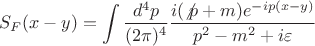 $$S_F(x-y)=\int\frac{d^4p}{(2\pi)^4}\frac{i(\not p+m)e^{-ip(x-y)}}{p^2-m^2+i\varepsilon}$$ $$S_F(x-y)=\int\frac{d^4p}{(2\pi)^4}\frac{i(\not p+m)e^{-ip(x-y)}}{p^2-m^2+i\varepsilon}$$