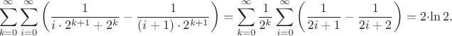 $$\sum_{k=0}^{\infty} \sum_{i=0}^{\infty} \left( \frac{1}{i\cdot 2^{k+1} + 2^k} - \frac{1}{(i+1)\cdot 2^{k+1}} \right) =
\sum_{k=0}^{\infty} \frac{1}{2^k} \sum_{i=0}^{\infty} \left( \frac{1}{2i+1} - \frac{1}{2i+2} \right) = 2\cdot \ln 2.$$