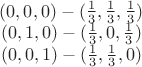 $\begin{matrix}
(0, 0, 0) - (\frac13, \frac13, \frac13)\\ 
(0, 1, 0) - (\frac13, 0, \frac13)\\ 
(0, 0, 1) - (\frac13, \frac13, 0)
\end{matrix}$
