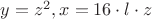 $y=z^2,x=16\cdot l \cdot z$