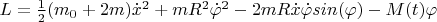 $L=\frac12 (m_0+2 m) \dot x^2 + m R^2 \dot\varphi^2-2 m R \dot x \dot\varphi sin(\varphi) -M(t)\varphi$