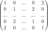 $$\begin{pmatrix}
 1 & 0 & ... & 0 & 2 \\
 0 & 1 & ... & 2 & 0 \\
 ... & ...  & ... & ... & ... \\
0 & 2 & ... & 1 & 0 \\
2 & 0 & ... & 0 & 1
\end{pmatrix}$$
