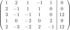 $$\left(\begin{array}{ccccc|c}
1& 2& 1&-1&1&0\\
2&-1& 1&1&0&0\\
3&-1&-1&1&0&12\\
1& 0& -2& 0&2&9\\
2&-3& -2& 2&-1&12\\
\end{array}\right)$$