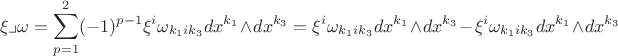 $$\xi\lrcorner\omega=\sum\limits_{p=1}^2(-1)^{p-1}\xi^i\omega_{k_1ik_3}dx^{k_1}\wedge dx^{k_3}=\xi^i\omega_{k_1ik_3}dx^{k_1}\wedge dx^{k_3}-\xi^i\omega_{k_1ik_3}dx^{k_1}\wedge dx^{k_3}$$