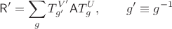 $$
\mathsf R' = \sum_g T_{g'}^{V'} \mathsf A T_{g}^U, \qquad g' \equiv g^{-1}
$$