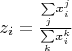$z_i = \frac{\underset{j}{\sum} x^j_i}{\underset{k}{\sum} x^k_i}$