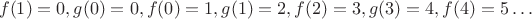 $$f(1)=0, g(0)=0, f(0)=1, g(1)=2, f(2)=3, g(3)=4, f(4)=5 \ldots $$