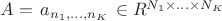 $A = \left{ a_{n_1,...,n_K} \right} \in R^{N_1 \times ... \times N_K}$