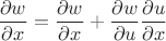$\dfrac{\partial w}{\partial x}=\dfrac{\partial w}{\partial x}+\dfrac{\partial w}{\partial u}\dfrac{\partial u}{\partial x}$